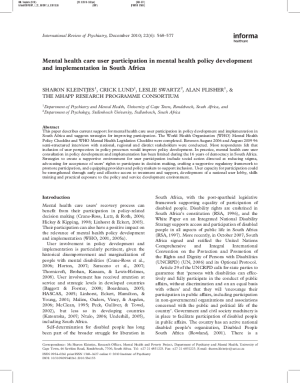 (PDF) Mental health care user participation in mental health policy ...