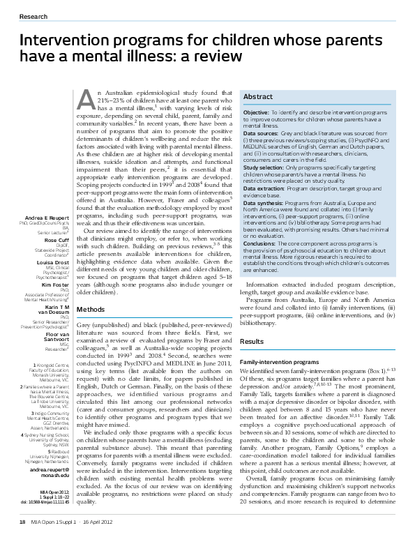 (PDF) Intervention programs for children whose parents have a mental ...