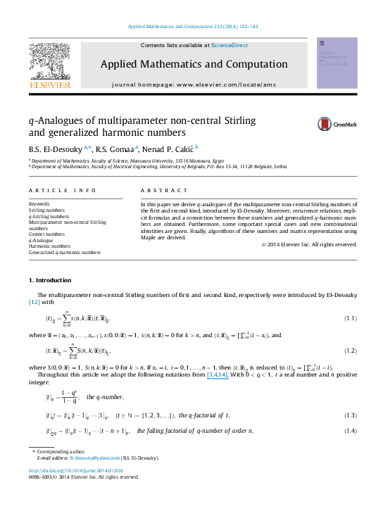 (PDF) qAnalogues of multiparameter noncentral Stirling and