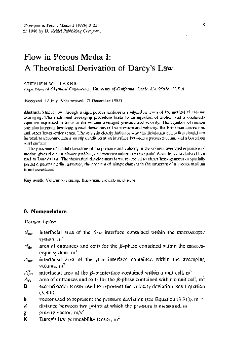 (PDF) Flow in porous media I: A theoretical derivation of Darcy's law