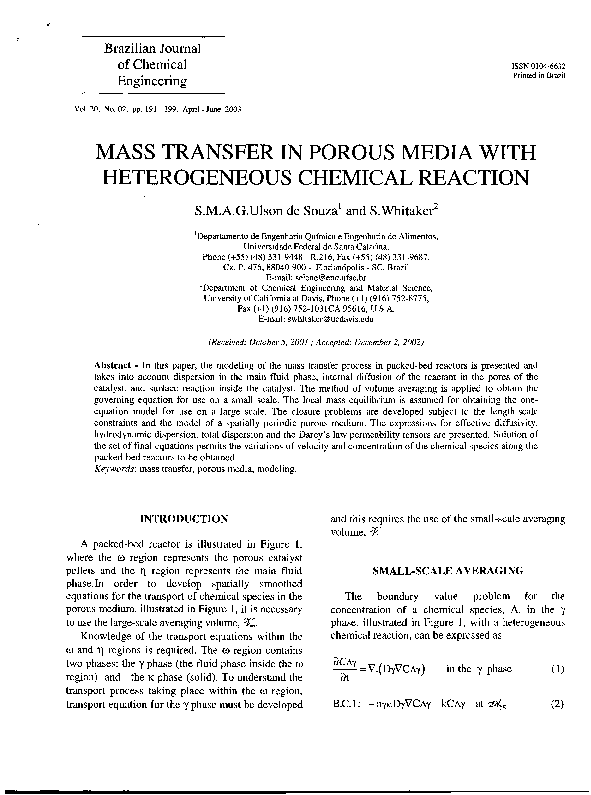 (PDF) Mass transfer in porous media with heterogeneous chemical reaction