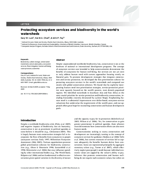 (PDF) Protecting ecosystem services and biodiversity in the world's ...