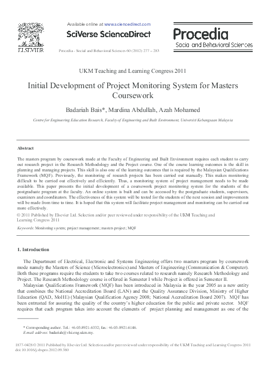 (PDF) Initial Development of Project Monitoring System for Masters ...