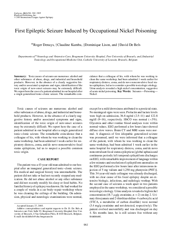 Pdf First Epileptic Seizure Induced By Occupational Nickel Poisoning D De Bels Academia Edu