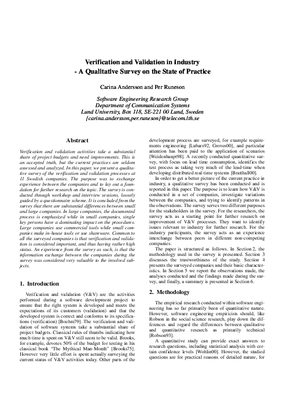 (PDF) Verification and validation in industry - a qualitative survey on ...