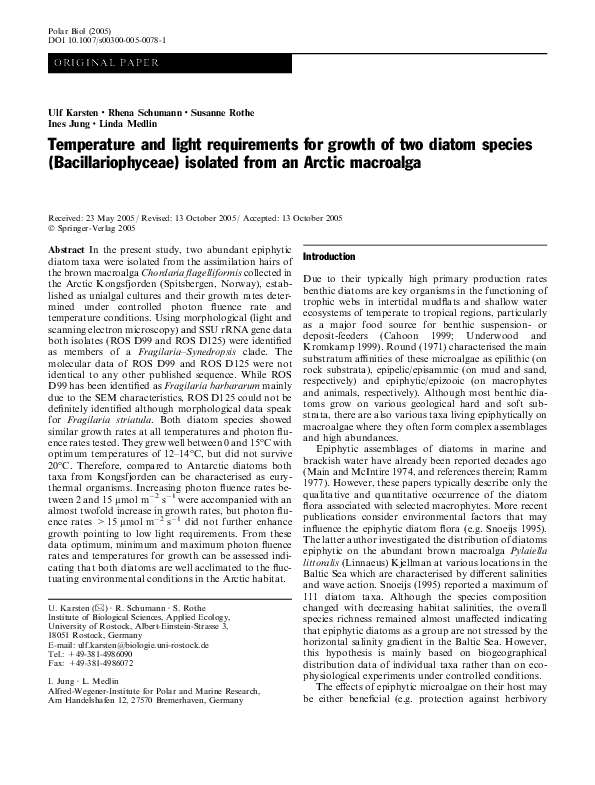 (PDF) Temperature and light requirements for growth of two diatom ...