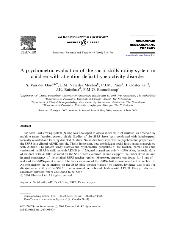 (PDF) A psychometric evaluation of the social skills rating system in ...
