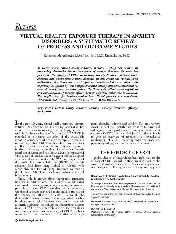 (PDF) Virtual Reality Exposure Therapy for Anxiety Disorders The State