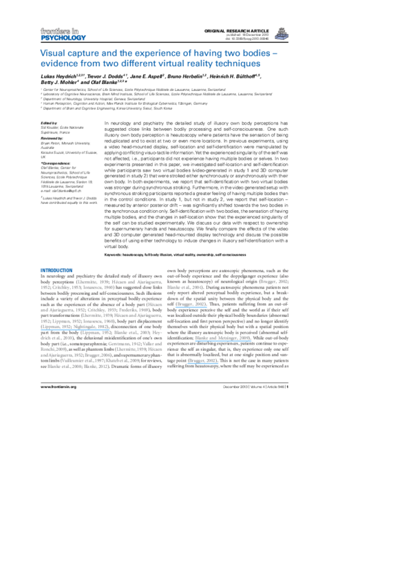 (PDF) Visual capture and the experience of having two bodies – Evidence ...