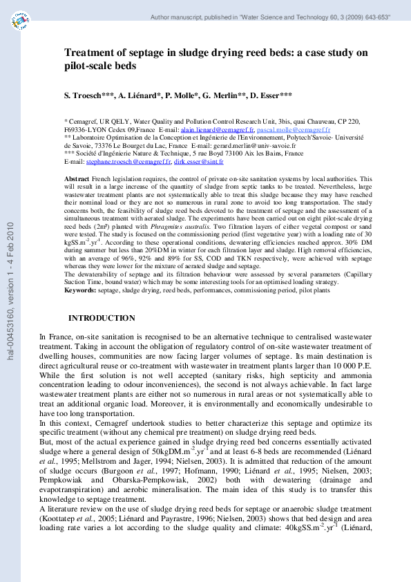 (PDF) Treatment of septage in sludge drying reed beds a case study on