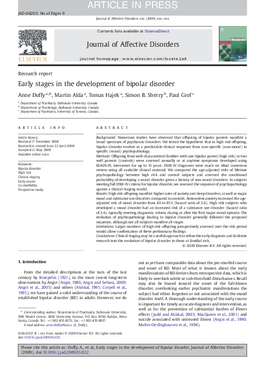 (PDF) Early stages in the development of bipolar disorder