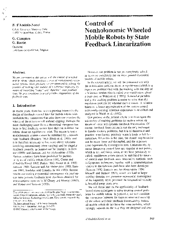(PDF) Control of Nonholonomic Wheeled Mobile Robots by State Feedback ...