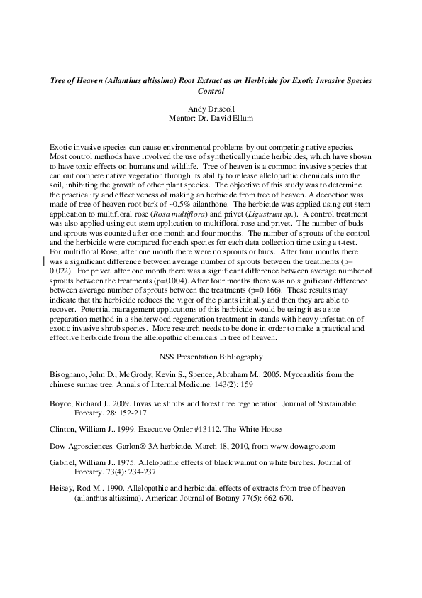 (PDF) Tree of Heaven Ailanthus altissima Root Extract as an Herbicide