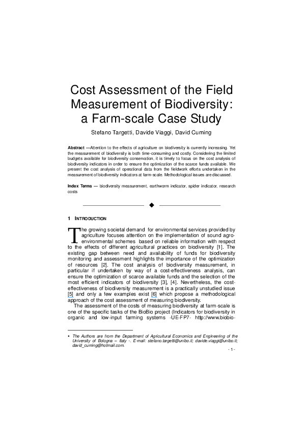 (PDF) Cost Assessment of the Field Measurement of Biodiversity a Farm