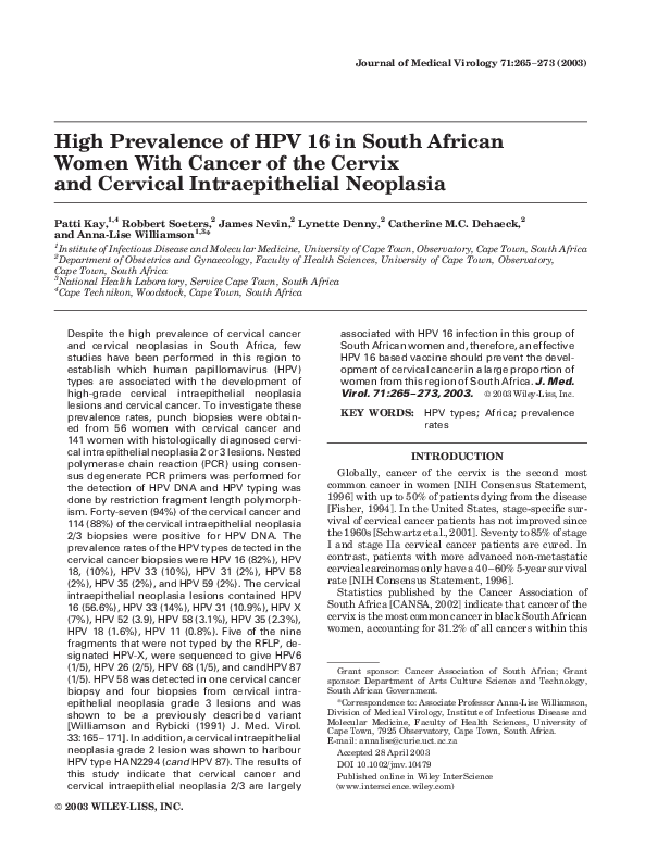 (PDF) High prevalence of HPV 16 in South African women with cancer of ...