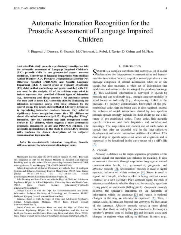 (PDF) Automatic Intonation Recognition for the Prosodic Assessment of ...