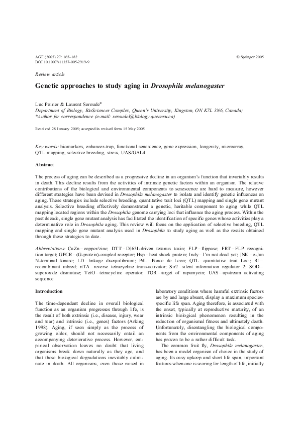 (PDF) Genetic approaches to study aging in Drosophila melanogaster