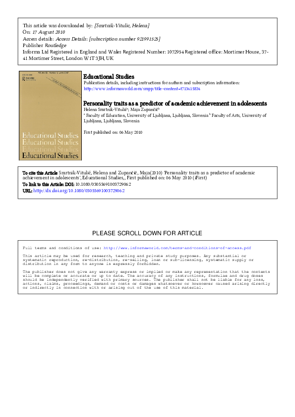 (PDF) Personality traits as a predictor of academic achievement in ...