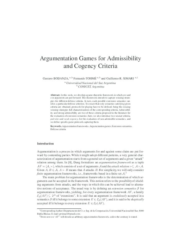 (PDF) Argumentation Games for Admissibility and Cogency Criteria