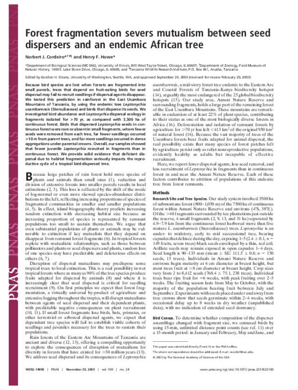 (PDF) Forest fragmentation severs mutualism between seed dispersers and ...