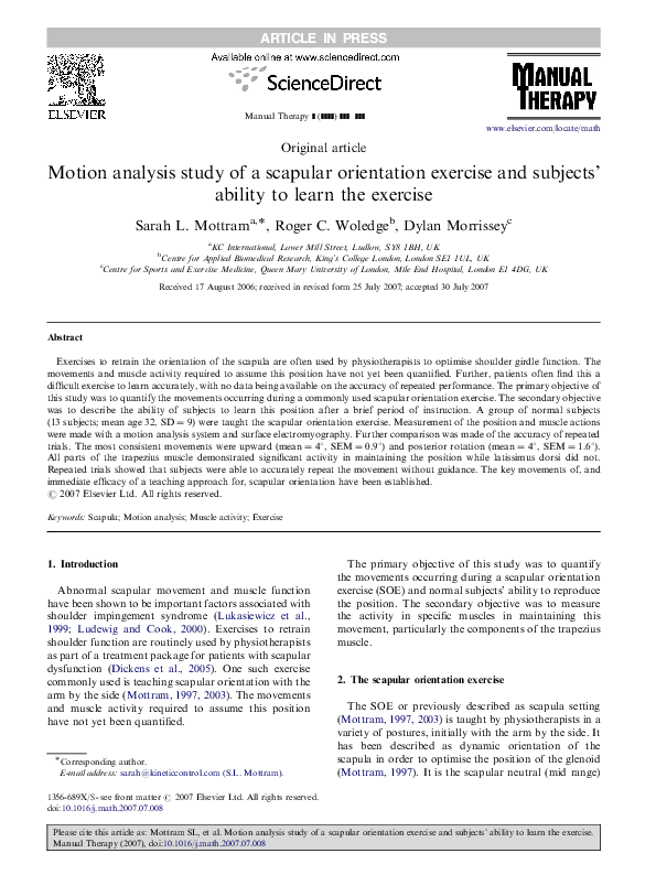 (PDF) Motion analysis study of a scapular orientation exercise and ...