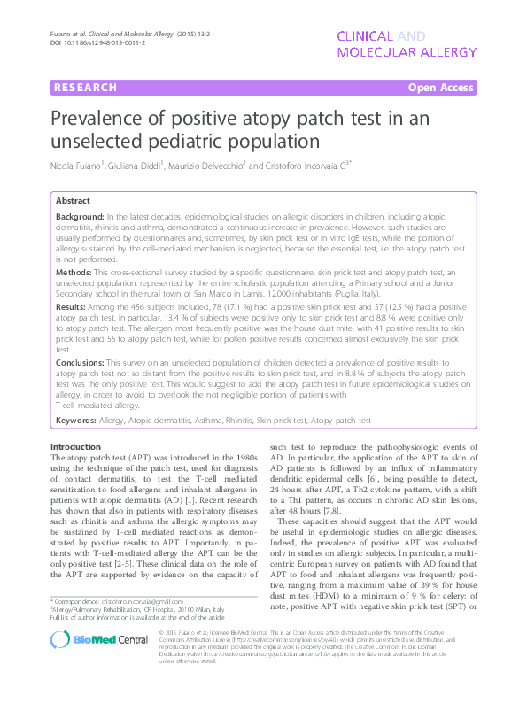 (PDF) Prevalence of positive atopy patch test in an unselected ...