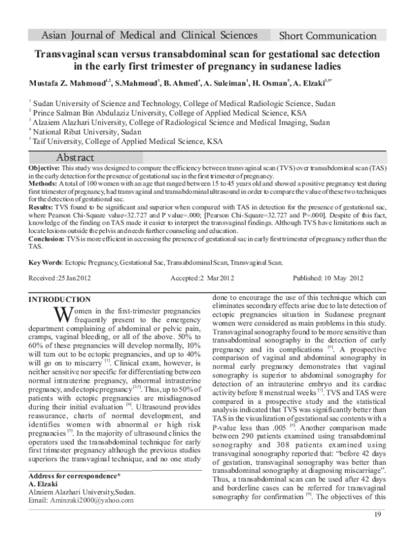 (PDF) Transvaginal scan versus transabdominal scan for gestational sac ...