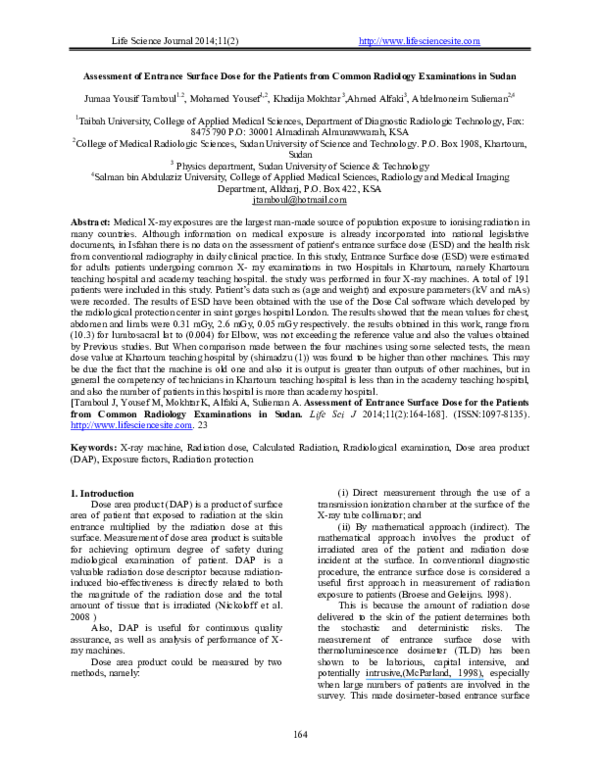 (PDF) Assessment of Entrance Surface Dose for the Patients from Common
