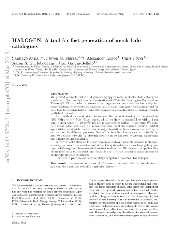 (PDF) HALOGEN: A new tool for fast generation of mock halo catalogues