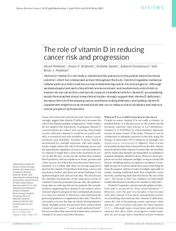 (PDF) The role of vitamin D in reducing cancer risk and progression