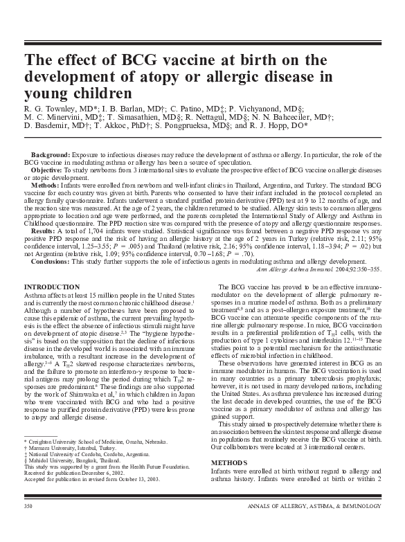 (PDF) The effect of BCG vaccine at birth on the development of atopy or ...