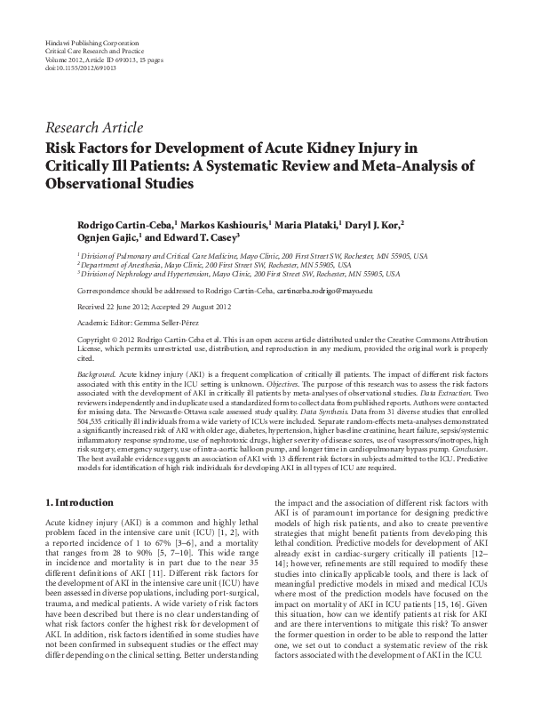 (PDF) Risk Factors for Development of Acute Kidney Injury in Critically ...
