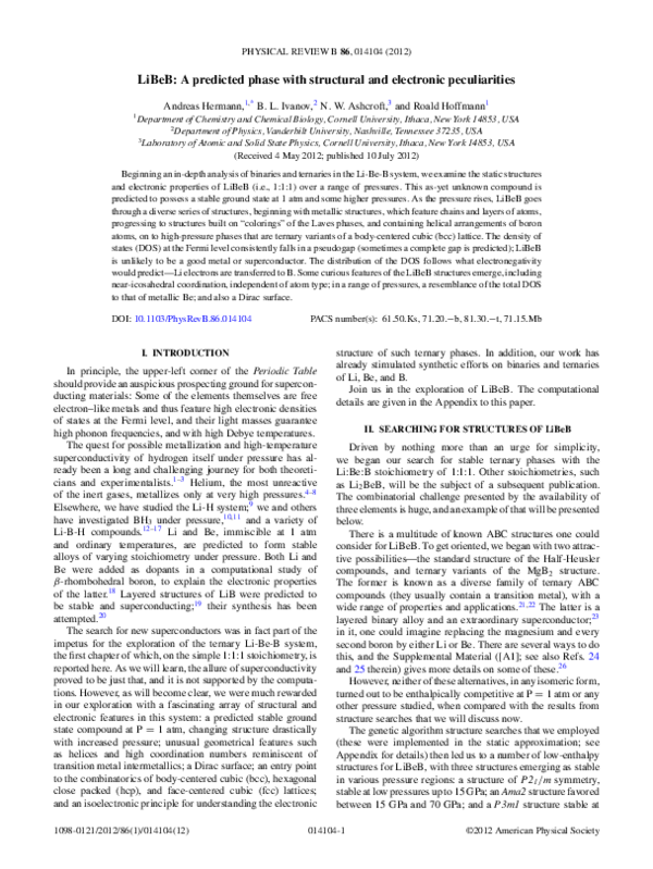 (PDF) LiBeB: A predicted phase with structural and electronic peculiarities