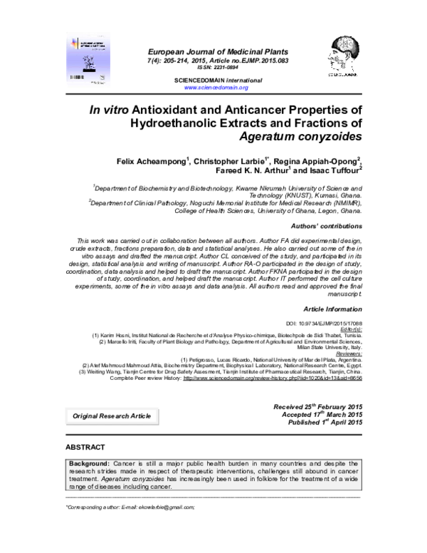 (PDF) In vitro Antioxidant and Anticancer Properties of Hydroethanolic ...