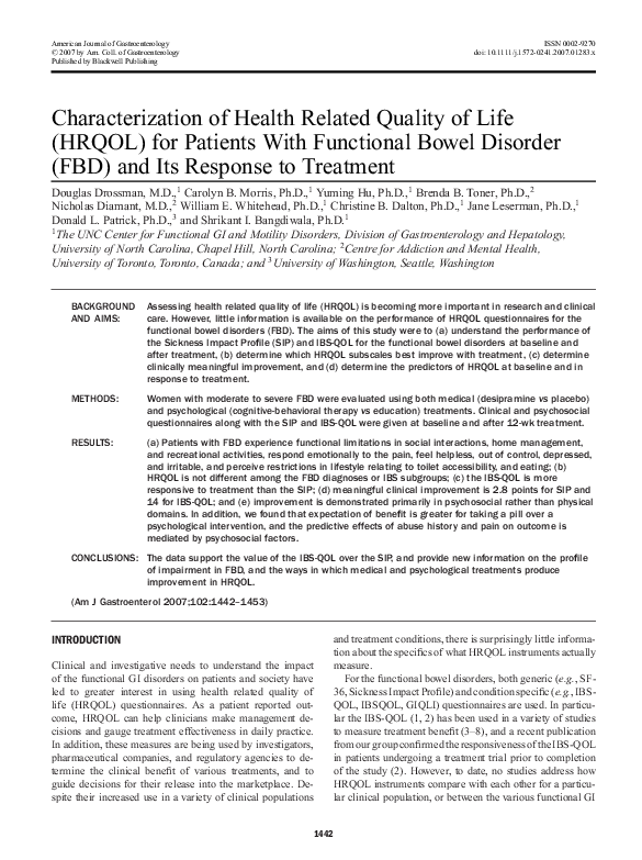 (PDF) Characterization of Health Related Quality of Life (HRQOL) for ...