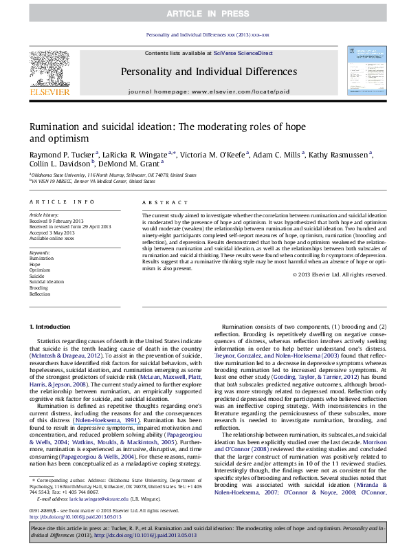(PDF) Rumination and suicidal ideation: The moderating roles of hope ...