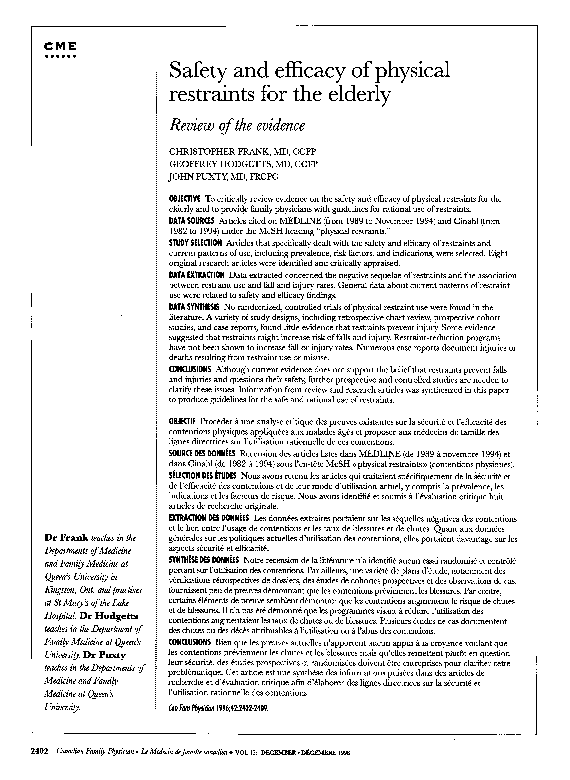 (PDF) Safety and efficacy of physical restraints for the elderly