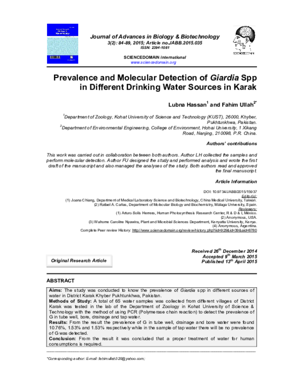 (PDF) Prevalence and Molecular Detection of Giardia Spp in Different ...