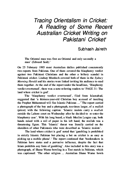(PDF) Tracing Orientalism in Cricket: A Reading of Some Recent ...