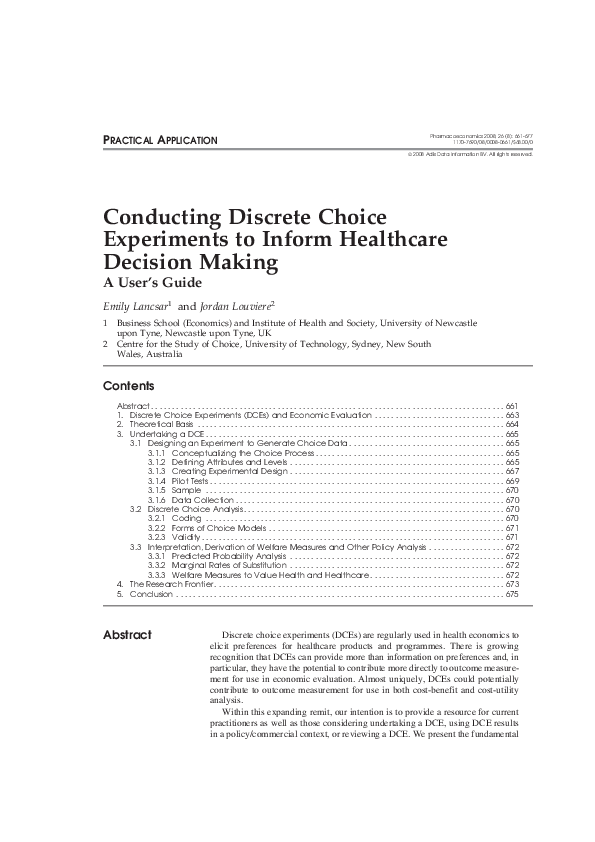Pdf Conducting Discrete Choice Experiments To Inform Healthcare