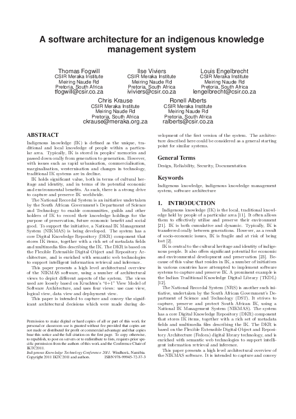 (PDF) Software architecture for an indigenous knowledge management system