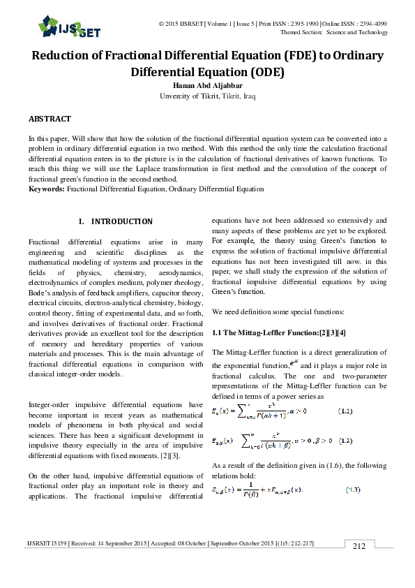 (PDF) Reduction of fractional differential equation (FDE) to ordinary ...
