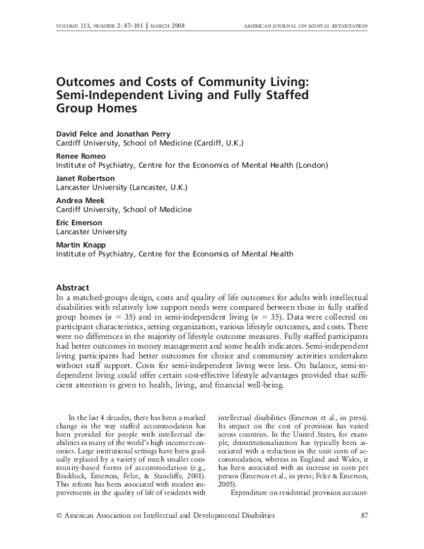 (PDF) Outcomes and Costs of Community Living: Semi-Independent Living ...