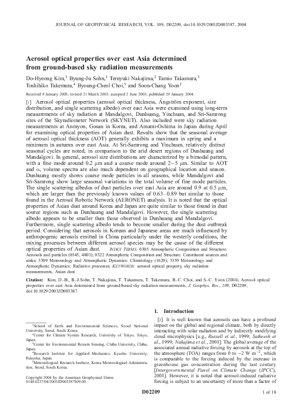 (PDF) Aerosol optical properties over east Asia determined from ground ...