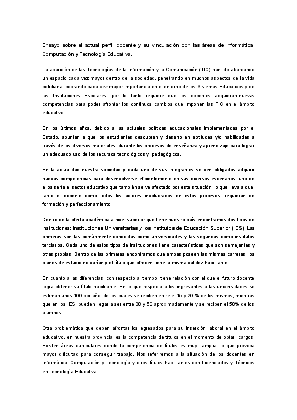 Doc Ensayo Sobre El Actual Perfil Docente Y Su Vinculacion Con Las Areas De Informatica Computacion Y Tecnologia Educativa Analia Ance Academia Edu