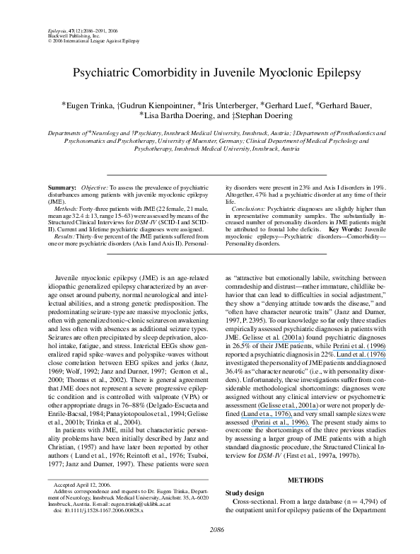(PDF) Psychiatric Comorbidity in Juvenile Myoclonic Epilepsy