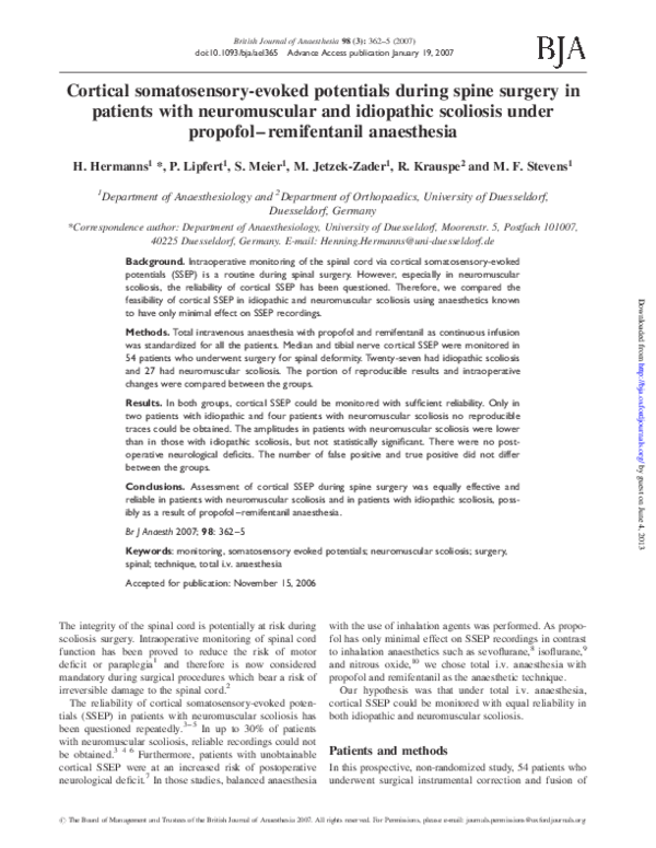 (PDF) Cortical somatosensory-evoked potentials during spine surgery in ...