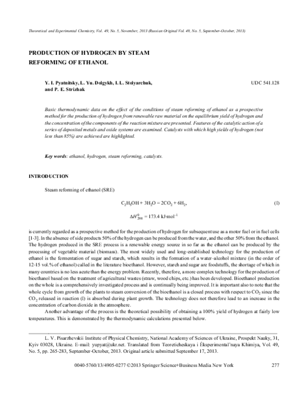 (PDF) Production of Hydrogen by Steam Reforming of Ethanol