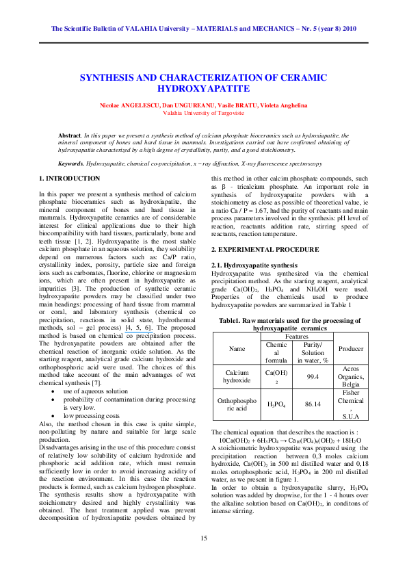(PDF) SYNTHESIS AND CHARACTERIZATION OF CERAMIC HYDROXYAPATITE