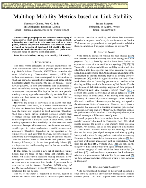 (PDF) Multihop Mobility Metrics based on Link Stability